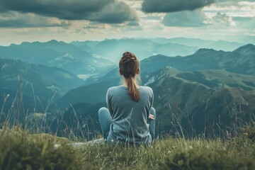 A woman enjoys solitude with nature, sitting on the grass in the mountains, immersed in the world of tranquility and beauty of the surrounding landscape - obrazy, fototapety, plakaty