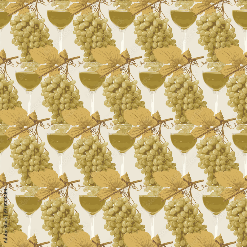 Poster seamless pattern with realistic bunches of grapes and glasses of white wine on beige backdrop. suita