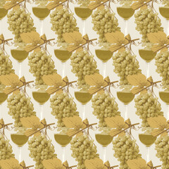 Seamless pattern with realistic bunches of grapes and glasses of white wine on beige backdrop. Suitable for wallpaper, wrapping paper or fabric design. Vector background on a wine theme in retro style - 779103484