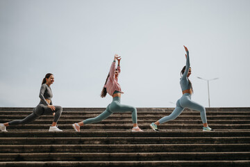 A trio of fit women in athletic wear engage in a stair workout, stretching and lunging with a focus...