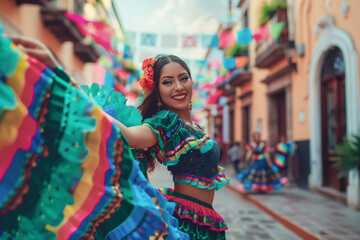 Bella bailarina mexicana vestida con traje tradicional, bailando en una hermosa calle de una ciudad de México, celebrando la fiesta del 5 de mayo - obrazy, fototapety, plakaty
