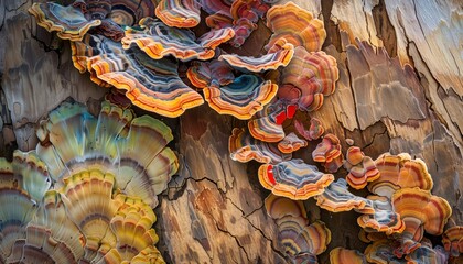 A detailed close-up of vibrant, colorful fungus flourishing on the bark of a tree.