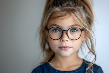 Closeup portrait of beautiful caucasian kid girl with glasses, isolated on a white background