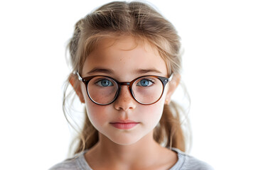 Fototapeta premium Closeup portrait of beautiful caucasian kid girl with glasses, isolated on a white background