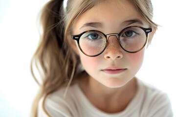 Fototapeta na wymiar Closeup portrait of beautiful caucasian kid girl with glasses, isolated on a white background