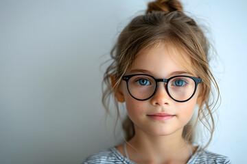 Obraz premium Closeup portrait of beautiful caucasian kid girl with glasses, isolated on a white background