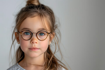 Fototapeta premium Closeup portrait of beautiful caucasian kid girl with glasses, isolated on a white background