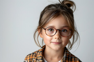 Obraz premium Closeup portrait of beautiful caucasian kid girl with glasses, isolated on a white background