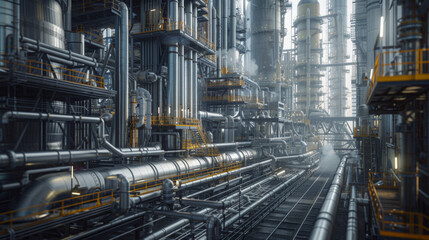 A massive oil refinery with pipes and tanks, temporarily quiet but ready to refine crude oil into various petroleum products