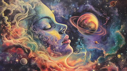 Retro illustration with woman in space. Vintage galaxy and calm mind poster.