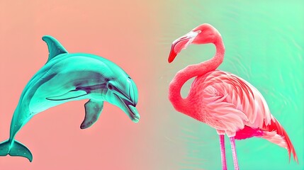 Tropical Serenade: A Dolphin Dances with a Flamingo Against a Pastel Sky.
