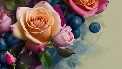 purple pink red blue and many light color roses flowers in full frame with text copy space in the middle with abstract gradient background and water droplets lying in the romantic manners