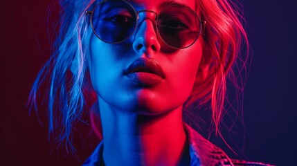 Fototapeta premium A studio portrait of a trendy girl in sunglasses, her features accentuated by the dramatic red and blue neon lighting, close-up