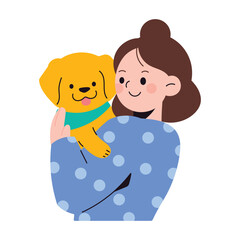 Pet and Owner hand drawn character vector. Person and cute animal design of woman hugging, embrace dog, puppy, golden retriever. People with animal illustration for National pet day, dog day, clipart.