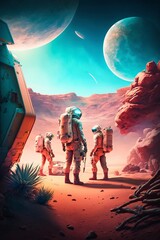 A captivating artwork of astronaut crews on a mission to explore space planet V3. - obrazy, fototapety, plakaty