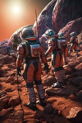 A captivating artwork of astronaut crews on a mission to explore space planet V5.