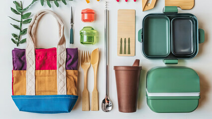  Ecological bag, cutlery, coffee cup and lunch boxes.