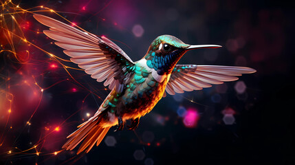 Naklejka premium Hummingbird Animal Plexus Neon Black Background Digital Desktop Wallpaper HD 4k Network Light Glowing Laser Motion Bright Abstract 
