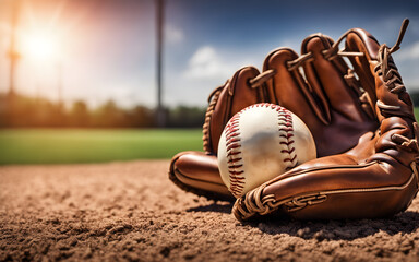 A baseball and glove on the field, symbolizing America's pastime and teamwork, with a defocused ballpark in the background