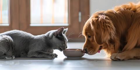 Dog and cat eating food out of bowl on table pet day - obrazy, fototapety, plakaty