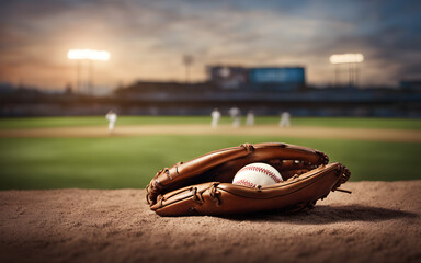 A baseball and glove on the field, symbolizing America's pastime and teamwork, with a defocused ballpark in the background - obrazy, fototapety, plakaty