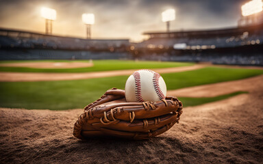 A baseball and glove on the field, symbolizing America's pastime and teamwork, with a defocused ballpark in the background - obrazy, fototapety, plakaty