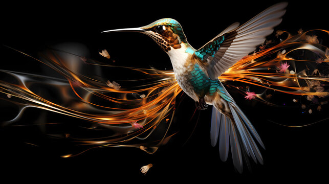 Hummingbird Animal Plexus Neon Black Background Digital Desktop Wallpaper HD 4k Network Light Glowing Laser Motion Bright Abstract	

