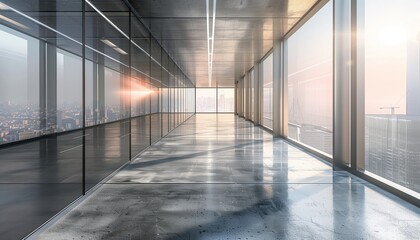 A modern, luminous glass office corridor with sleek concrete flooring, characterized by its expansive windows offering a panoramic city view and intricate reflections.