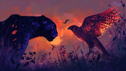 Mystical Encounter: A Panther and Hawk Lock Gaze in a Forest of Crimson and Violet Hues.