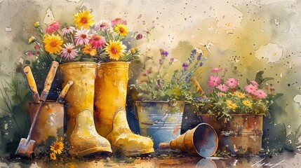 gardening, vintage rubber boots serving as a planter for assorted wildflowers - obrazy, fototapety, plakaty