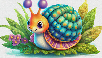 OIL PAINTING STYLE CARTOON CHARACTER CUTE baby Happy snail with colorful shell isolated on white background