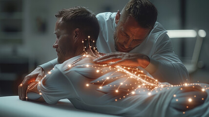Physiotherapist tenderly massages patient's back, neural pathways symbolizing therapeutic bond. Detailed anatomy, soft lighting, and serene environment accentuate healing connection.generative ai - obrazy, fototapety, plakaty