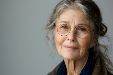 Closeup portrait of elderly  woman in glasses, isolated on light background