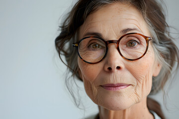 Closeup portrait of elderly  woman in glasses, isolated on light background