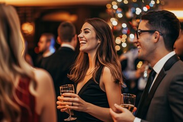 Employees dressed in formal attire at a company holiday party, dancing, socializing