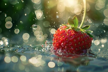 Sun-Kissed Strawberry Splashing in Sparkling Water