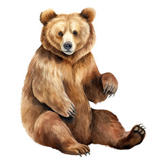 AI-generated watercolor cute brown grizzly bear sitting clip art illustration. Isolated elements on a white background. - obrazy, fototapety, plakaty
