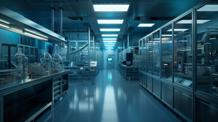 Obraz premium A state-of-the-art pharmaceutical manufacturing facility with automated machines and quality control stations, temporarily quiet but ready to manufacture life-saving medications