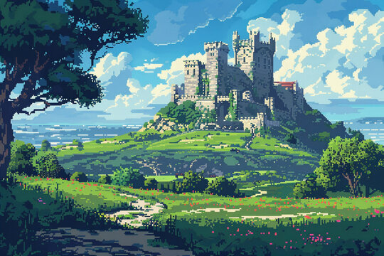2d pixel art of medieval castle on the hill , blue sky on green landscape, concept game art , 16 bit ,32 bit