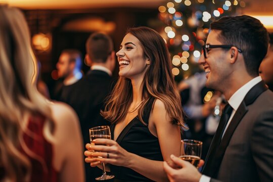 Employees dressed in formal attire at a company holiday party, dancing, socializing - Powered by Adobe