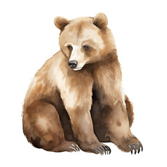 AI-generated watercolor cute brown grizzly bear sitting clip art illustration. Isolated elements on a white background.