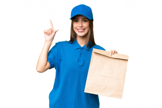 Young beautiful caucasian woman taking a bag of takeaway food over isolated background pointing up a great idea