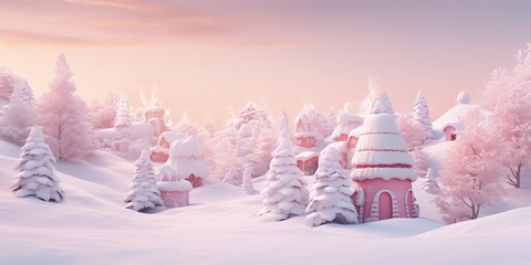 Snowy winter wonderland with pastel pink houses.