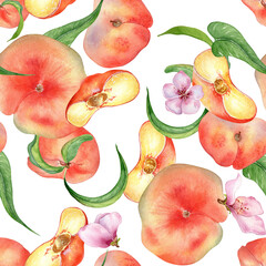 Watercolor flat peaches with leaves and flowers seamless pattern isolated on white. Fruits and flowers pattern painted. Chines Fig peaches hand drawn. Design element for package, skin care cosmetic