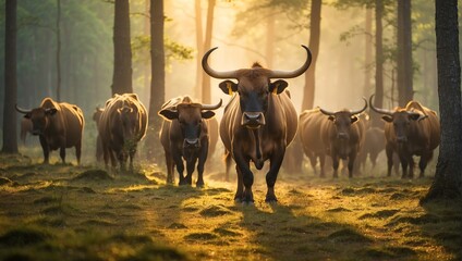 A small herd of brown bulls walking through a sunlit forest.

 - obrazy, fototapety, plakaty