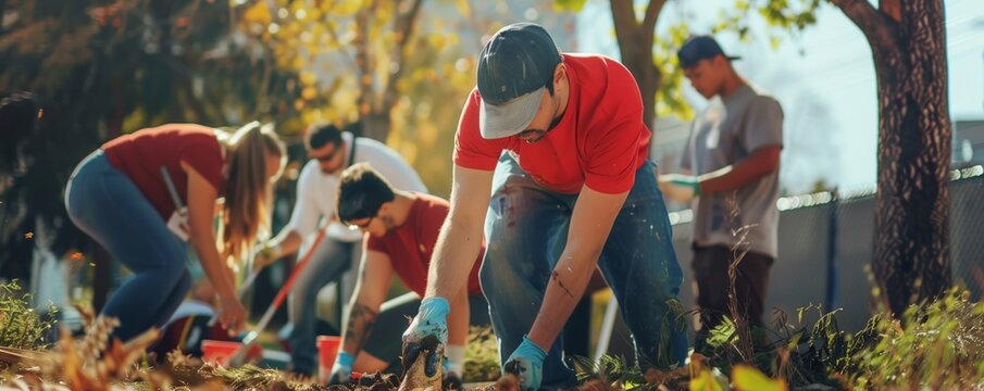 Employees volunteering together for a community service project, such as cleaning up a park