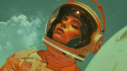 Retro illustration with woman in space. Vintage galaxy and calm mind poster.