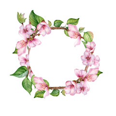 Watercolor circle frame with pink flowers of fruit tree isolated on white. Design template of floral frame with blossom branch hand drawn. Element for wedding invitation, packaging, label product