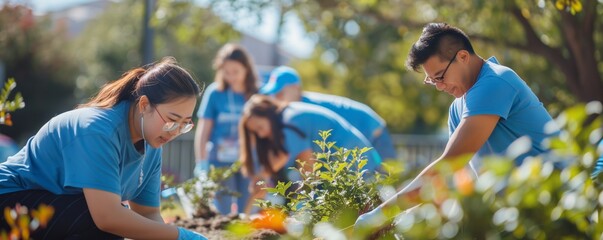 Employees volunteering together for a community service project, such as cleaning up a park