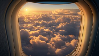 A Pristine View from an Airplane Window capturing the Ethereal Beauty of Soft, Billowing Clouds Bathed in the Warm Glow of Sunrise, Illuminating the Sky with Hues of Gold and Orange.